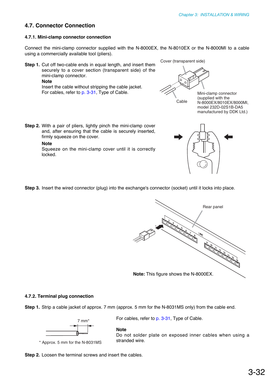 Connector connection, Mini-clamp connector connection, Terminal plug connection | Mini-clamp connector. (refer to, P. 3-32, Connector connection.), Terminal plug connection.), Refer to | Toa N-8000 Series Ver.1.41 User Manual | Page 128 / 269