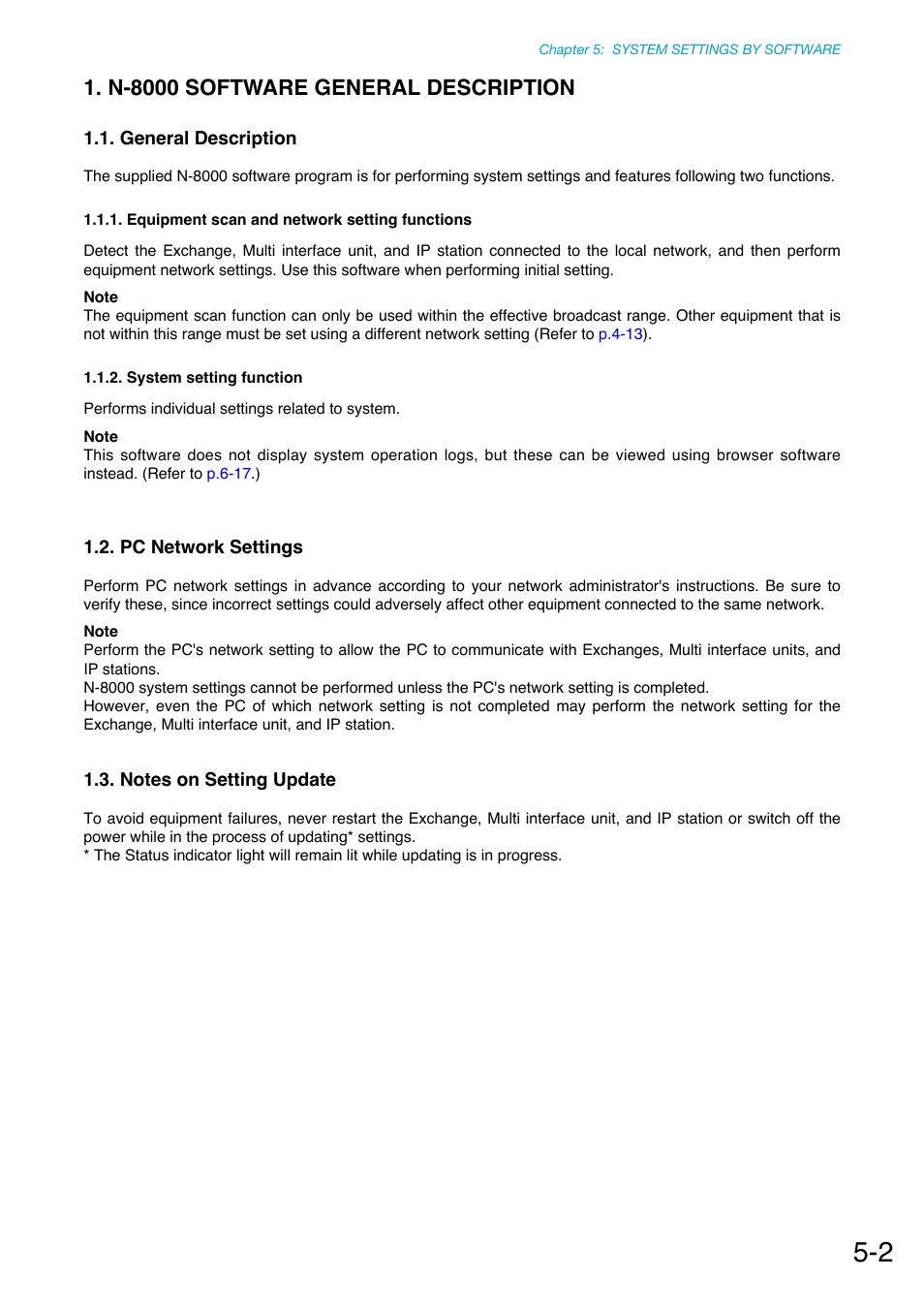 N-8000 software general description, General description, Equipment scan and network setting functions | System setting function, Pc network settings, Notes on setting update | Toa N-8000 Series Ver.1.41 User Manual | Page 146 / 269