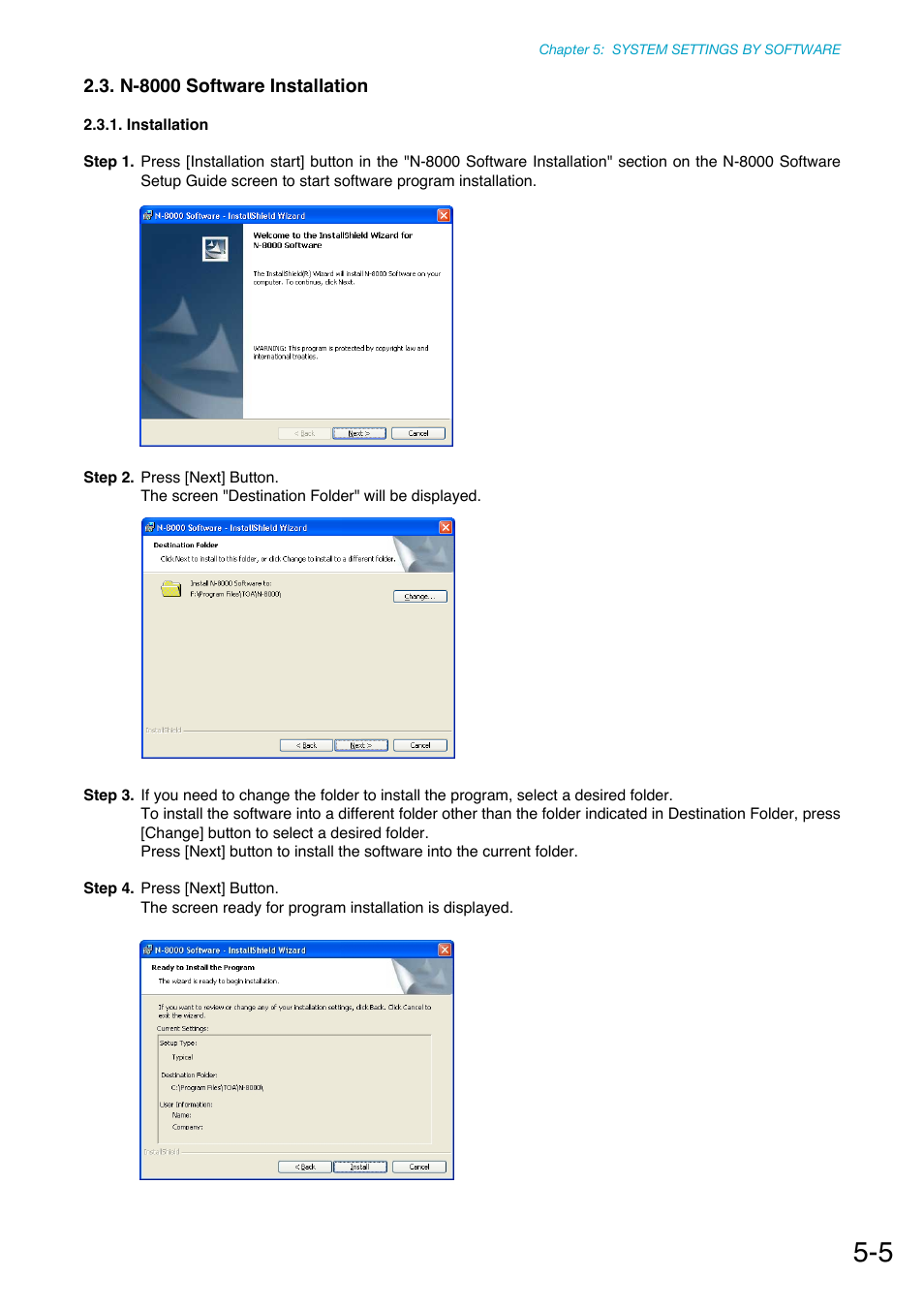 N-8000 software installation, Installation | Toa N-8000 Series Ver.1.41 User Manual | Page 149 / 269