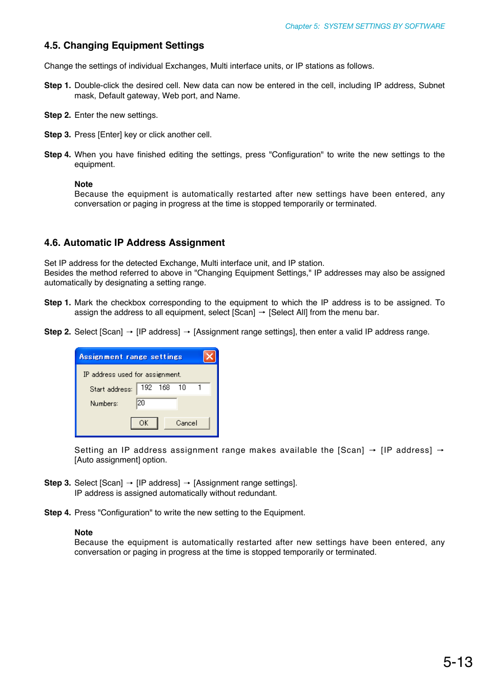 Changing equipment settings, Automatic ip address assignment, P. 5-13/18/25 | P. 5-13, P. 5-13/18/33, P. 5-13/18/45 | Toa N-8000 Series Ver.1.41 User Manual | Page 157 / 269