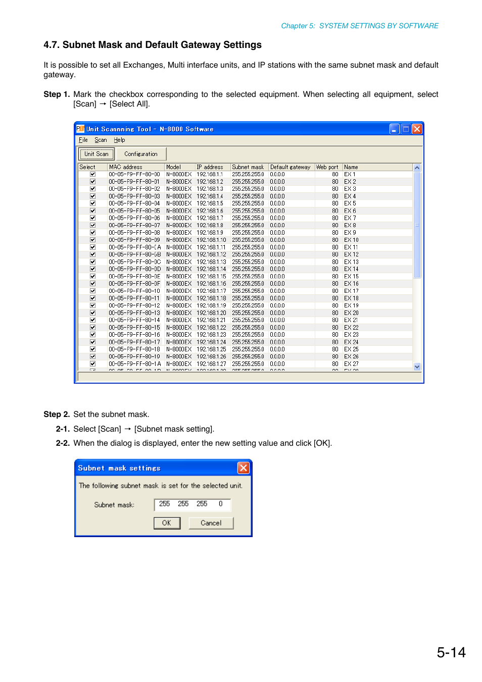 Subnet mask and default gateway settings, P. 5-14 | Toa N-8000 Series Ver.1.41 User Manual | Page 158 / 269