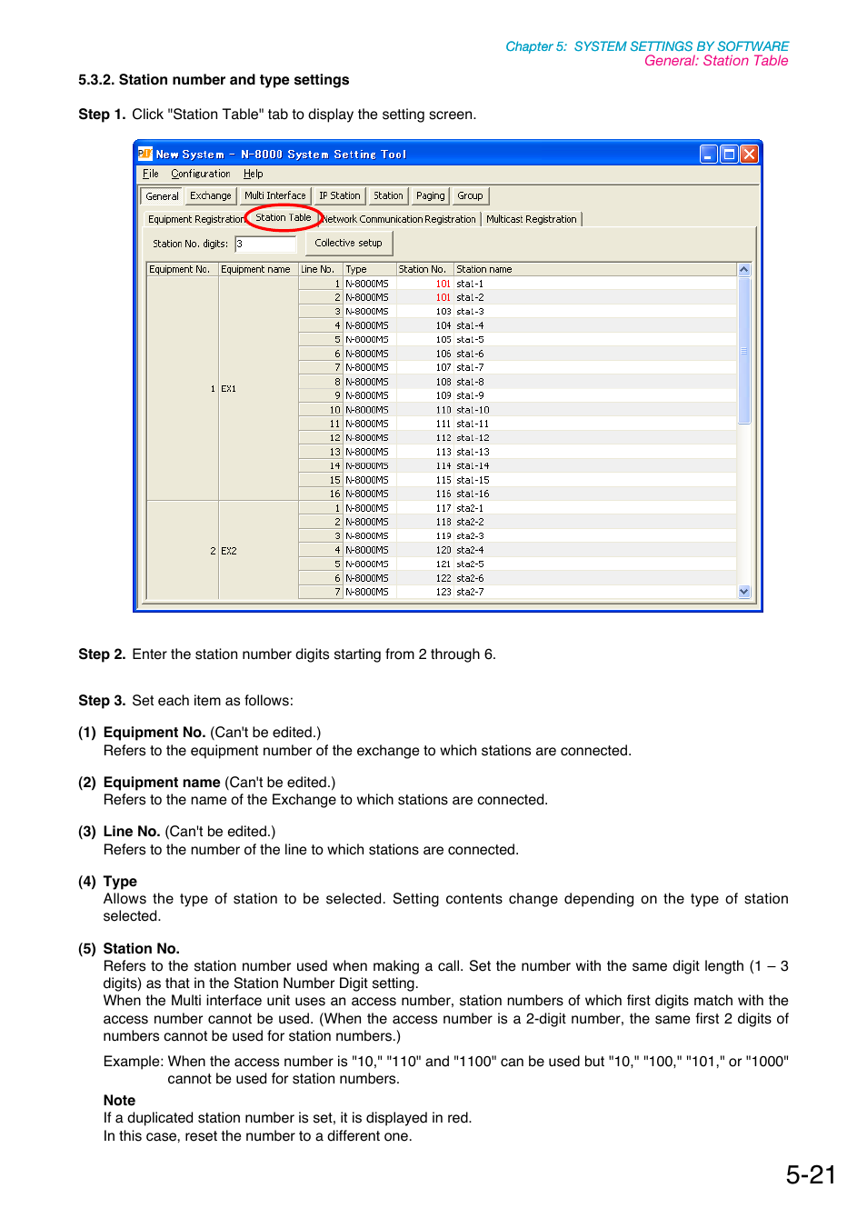 Station number and type settings, P. 5-21 | Toa N-8000 Series Ver.1.41 User Manual | Page 165 / 269