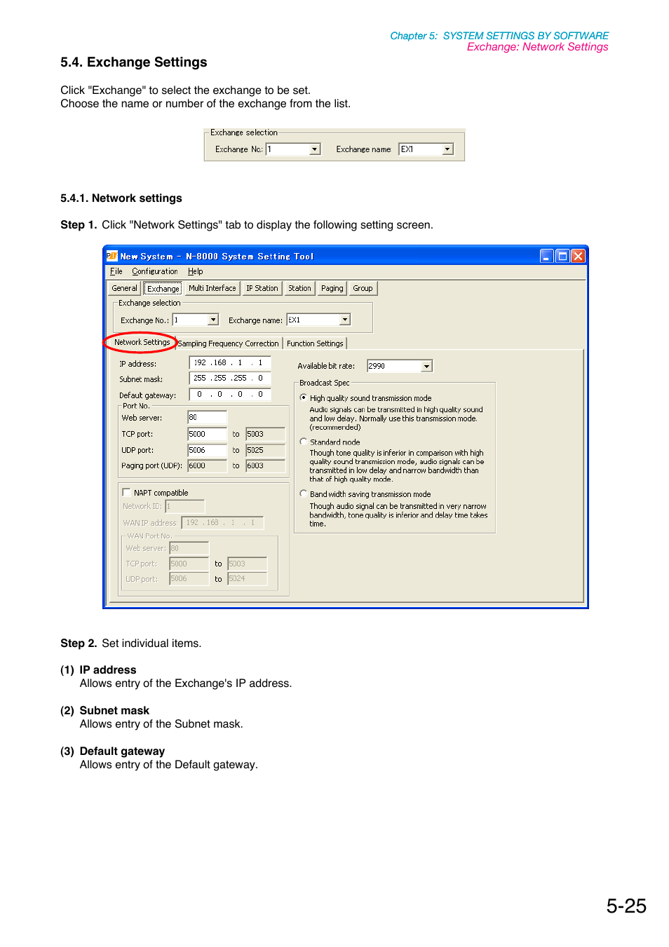 Exchange settings, Network settings, P. 5-25 | Toa N-8000 Series Ver.1.41 User Manual | Page 169 / 269