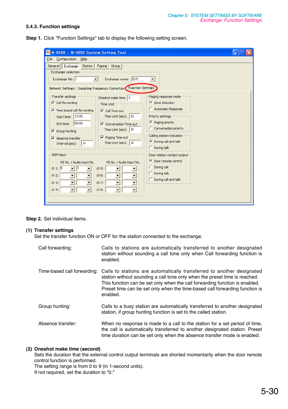 Function settings, P. 5-30, Refer to | Transfer start/end time. (refer to, Units). (refer to, 8000 software. (refer to | Toa N-8000 Series Ver.1.41 User Manual | Page 174 / 269