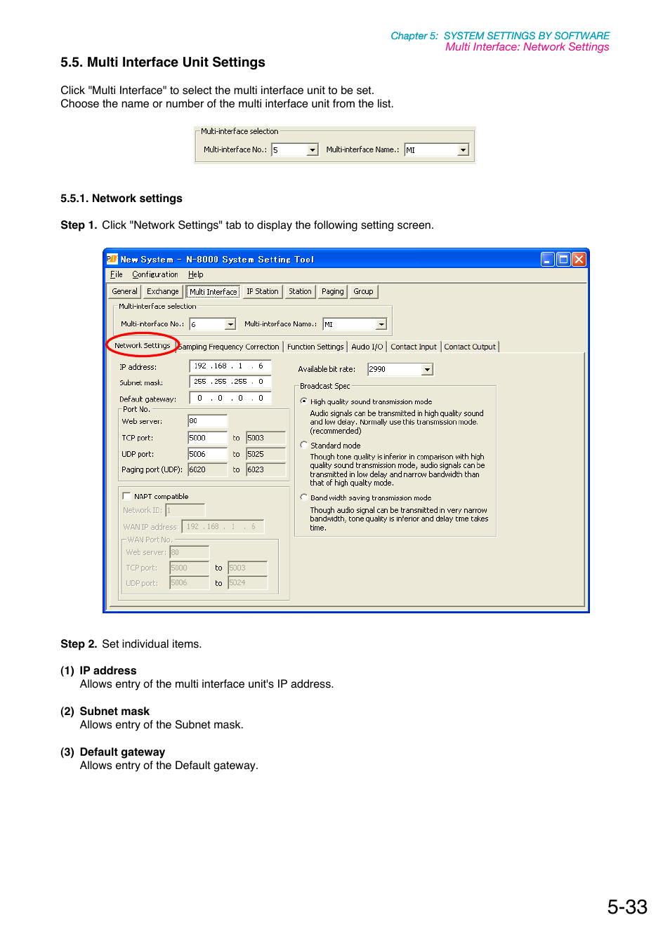 Multi interface unit settings, Network settings, P. 5-33 | Toa N-8000 Series Ver.1.41 User Manual | Page 177 / 269