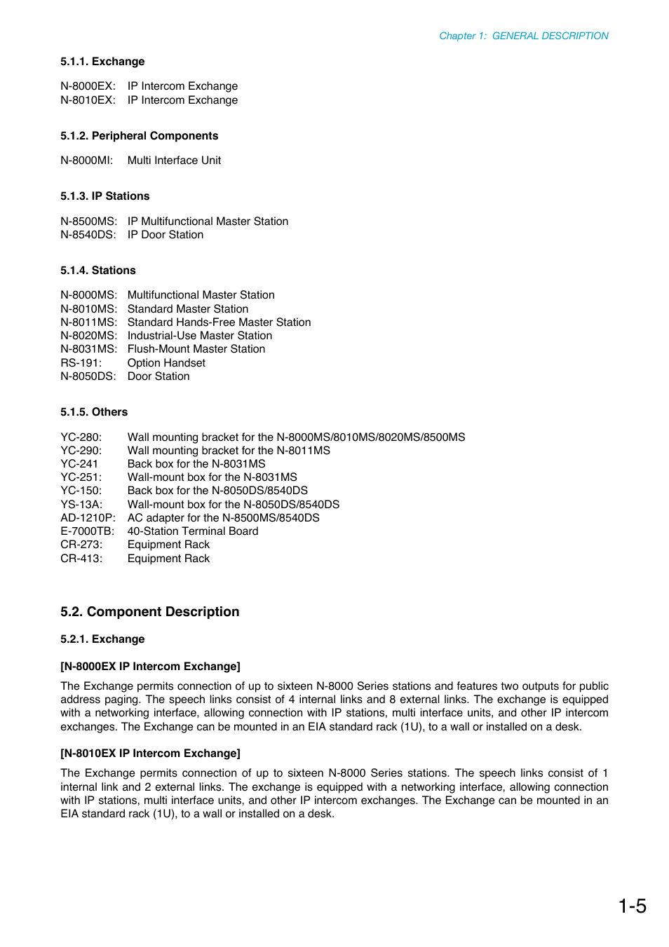 Exchange, Peripheral components, Ip stations | Stations, Others, Component description | Toa N-8000 Series Ver.1.41 User Manual | Page 18 / 269