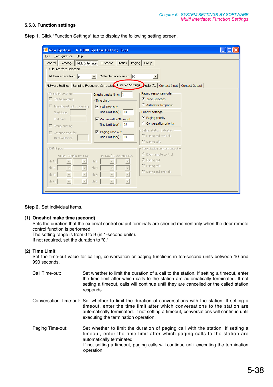 Function settings, P. 5-38 | Toa N-8000 Series Ver.1.41 User Manual | Page 182 / 269