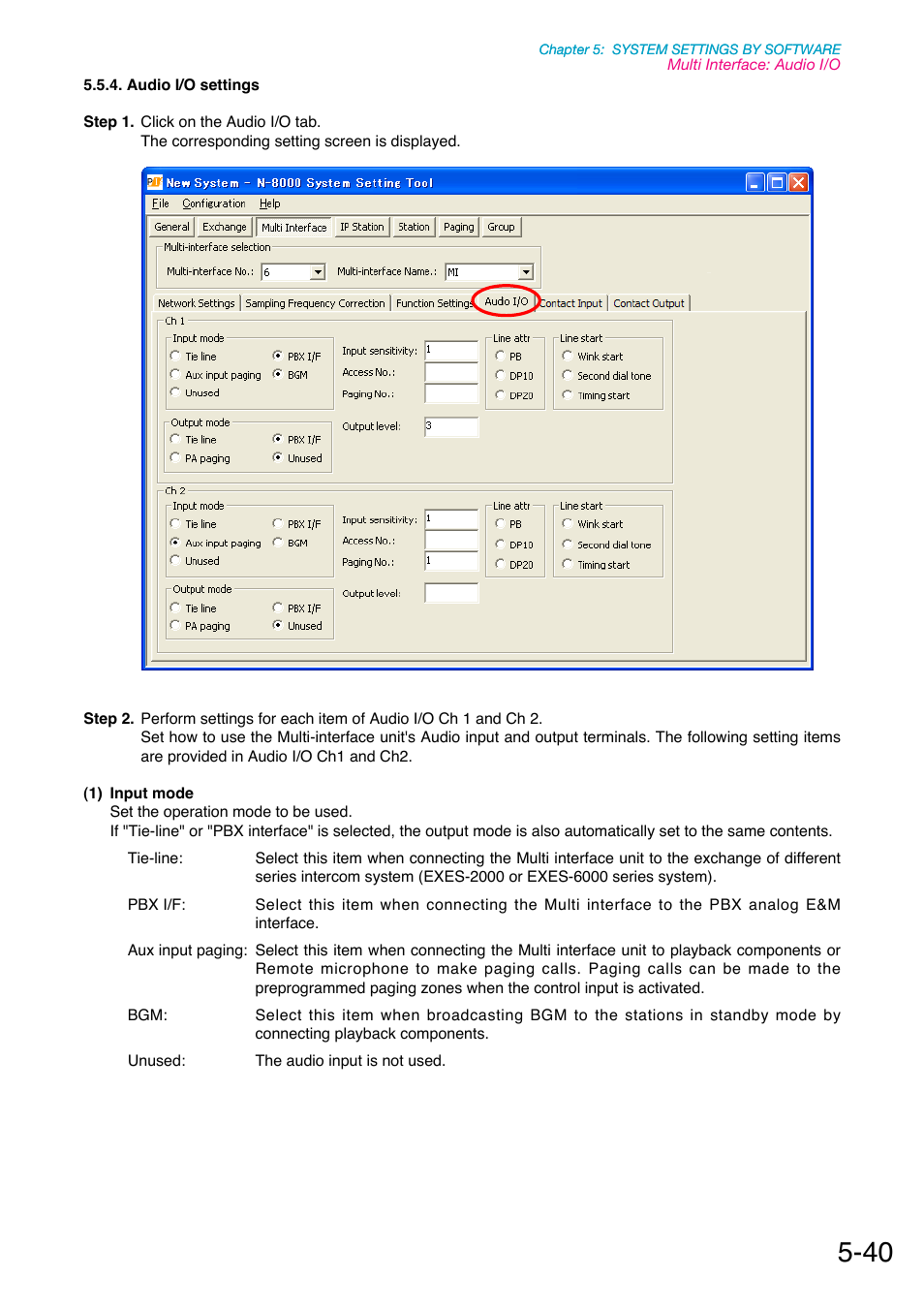 Audio i/o settings, P. 5-40, Be connected and cable length. (refer to | The connected equipment. (refer to, Refer to | Toa N-8000 Series Ver.1.41 User Manual | Page 184 / 269