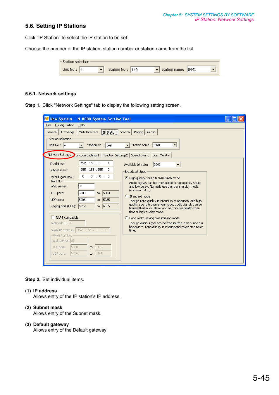 Setting ip stations, Network settings, P. 5-45 | Toa N-8000 Series Ver.1.41 User Manual | Page 189 / 269