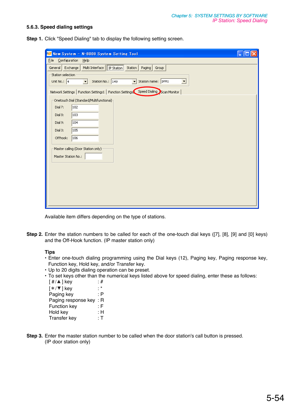 Speed dialing settings, P. 5-54, P.5-54, 5-59 | N-8000 software program. (refer to | Toa N-8000 Series Ver.1.41 User Manual | Page 198 / 269