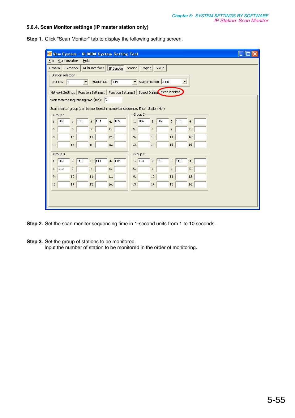 Scan monitor settings (ip master station only), P. 5-55 | Toa N-8000 Series Ver.1.41 User Manual | Page 199 / 269