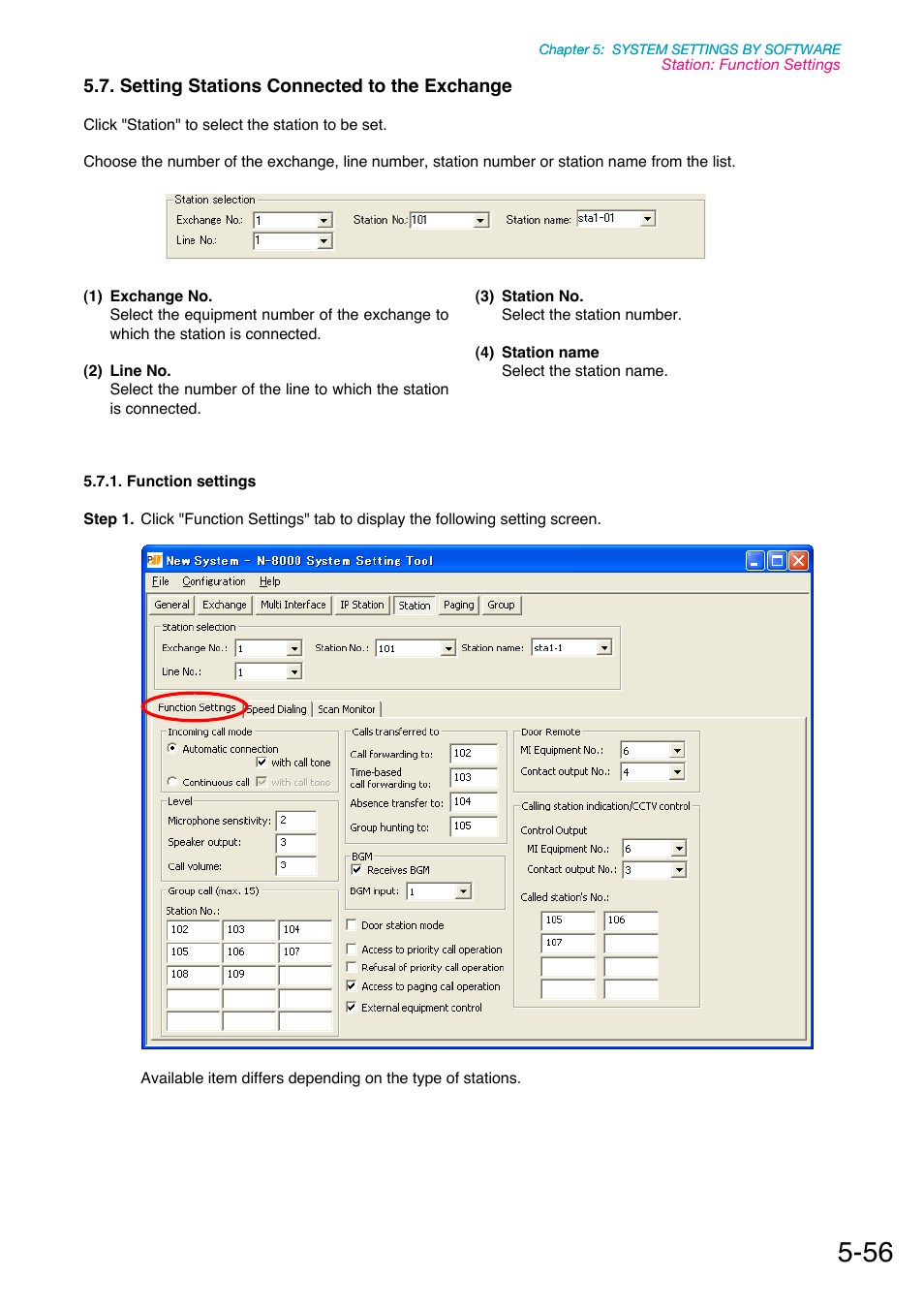 Setting stations connected to the exchange, Function settings, P. 5-56 | To set the microphone sensitivity and | Toa N-8000 Series Ver.1.41 User Manual | Page 200 / 269