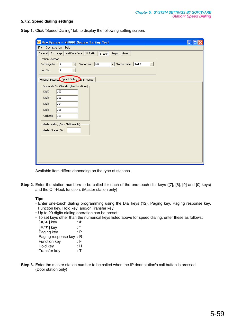 Speed dialing settings, P. 5-59 | Toa N-8000 Series Ver.1.41 User Manual | Page 203 / 269