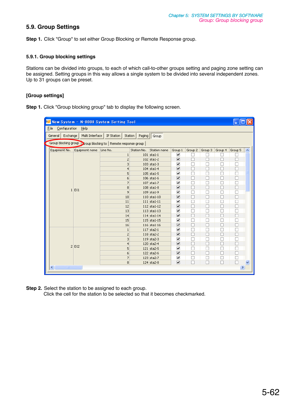Group settings, Group blocking settings, P. 5-62 | Toa N-8000 Series Ver.1.41 User Manual | Page 206 / 269