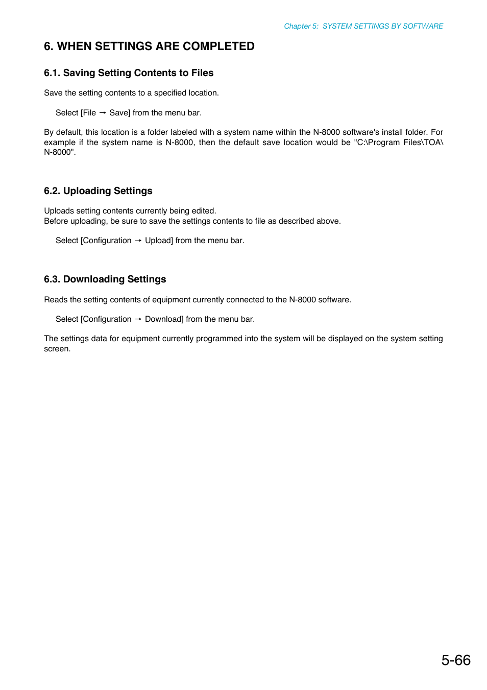 When settings are completed, Saving setting contents to files, Uploading settings | Downloading settings, Refer to, P. 5-66 | Toa N-8000 Series Ver.1.41 User Manual | Page 210 / 269