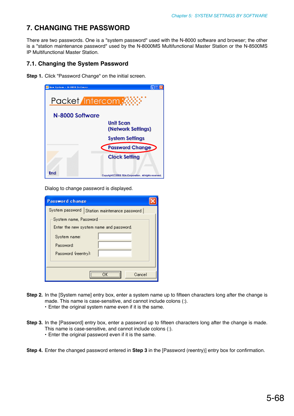 Changing the password, Changing the system password | Toa N-8000 Series Ver.1.41 User Manual | Page 212 / 269