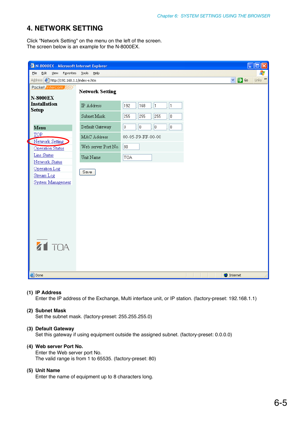 Network setting, P. 6-5, Network setting (refer to | Toa N-8000 Series Ver.1.41 User Manual | Page 219 / 269