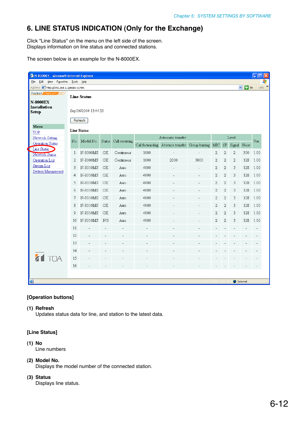 Line status indication (only for the exchange), Line status (refer to, P. 6-12 | Toa N-8000 Series Ver.1.41 User Manual | Page 226 / 269