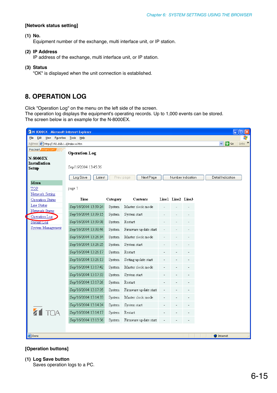 Operation log, P. 6-15 | Toa N-8000 Series Ver.1.41 User Manual | Page 229 / 269