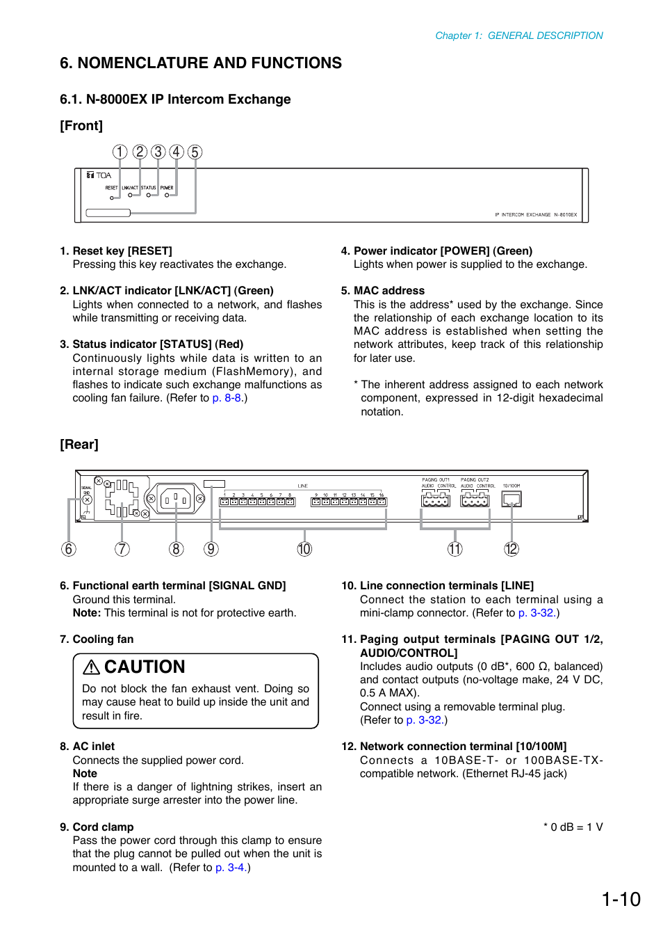 Nomenclature and functions, N-8000ex ip intercom exchange, Front | Rear, Caution | Toa N-8000 Series Ver.1.41 User Manual | Page 23 / 269