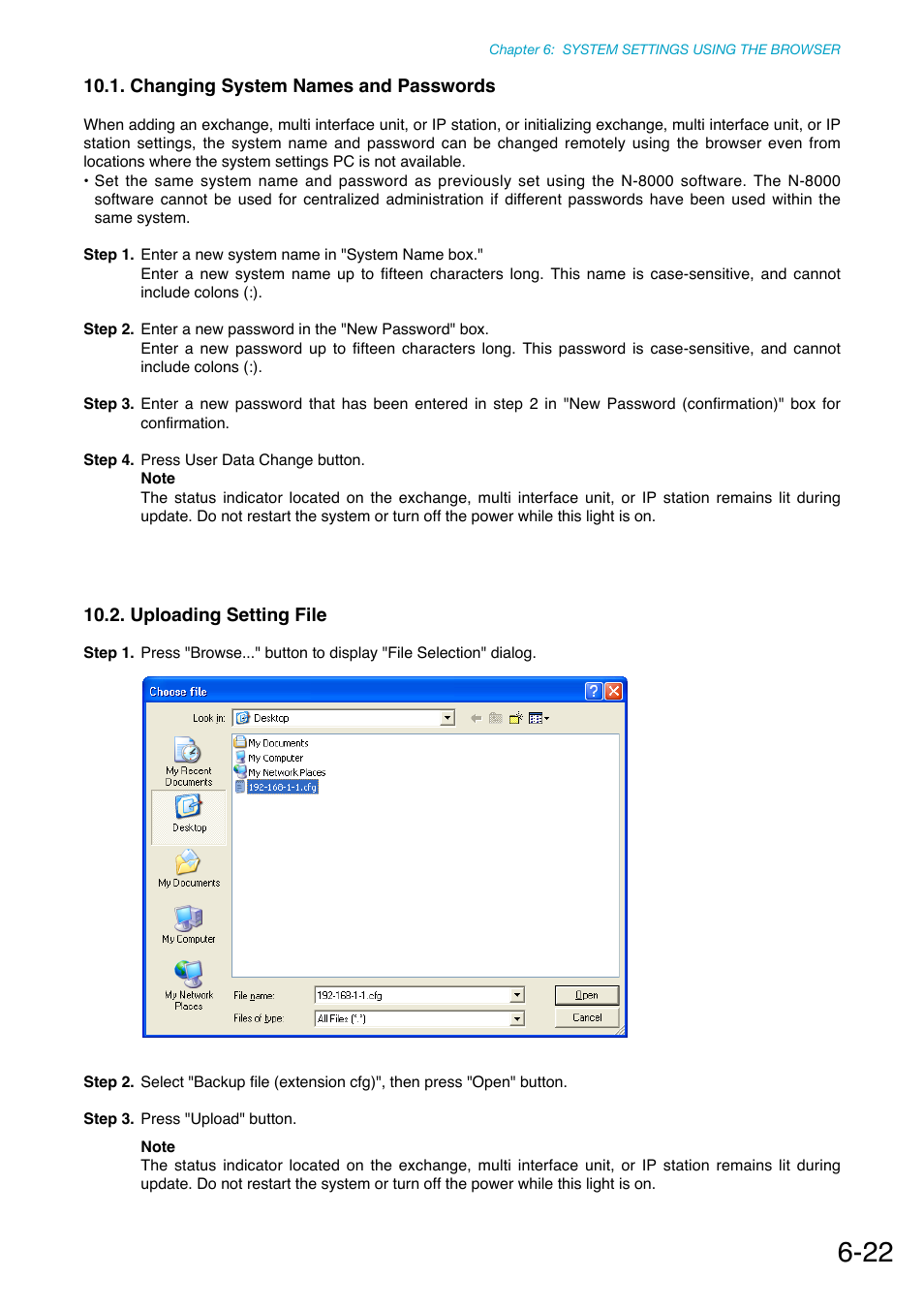 Changing system names and passwords, Uploading setting file, P. 6-22 | Pc. (refer to | Toa N-8000 Series Ver.1.41 User Manual | Page 236 / 269