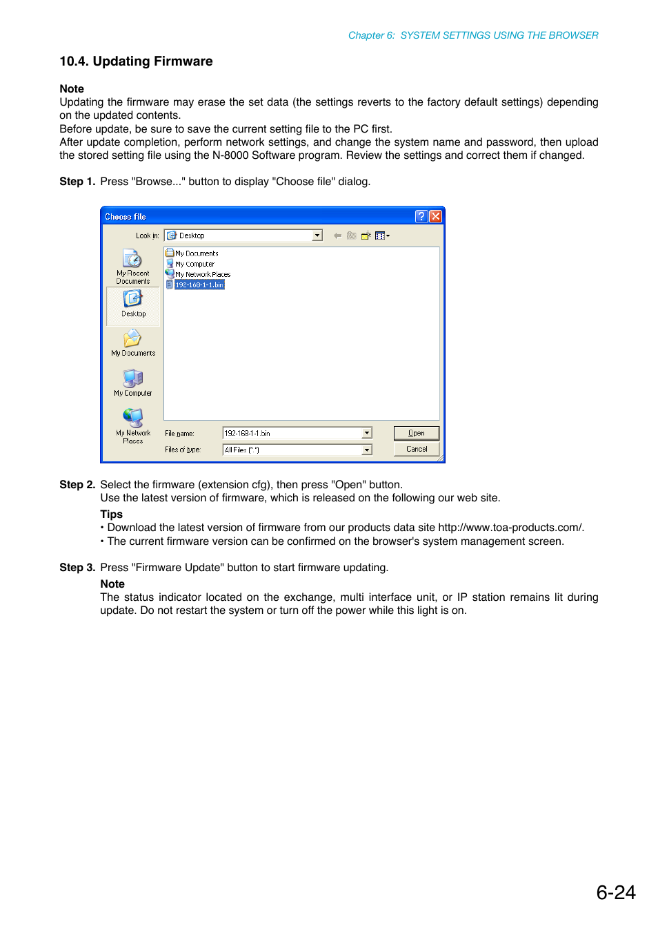 Updating firmware, Updates firmware (refer to, P. 6-24 | Toa N-8000 Series Ver.1.41 User Manual | Page 238 / 269