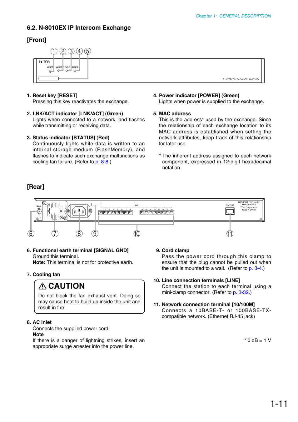 N-8010ex ip intercom exchange, Front, Rear | Caution | Toa N-8000 Series Ver.1.41 User Manual | Page 24 / 269