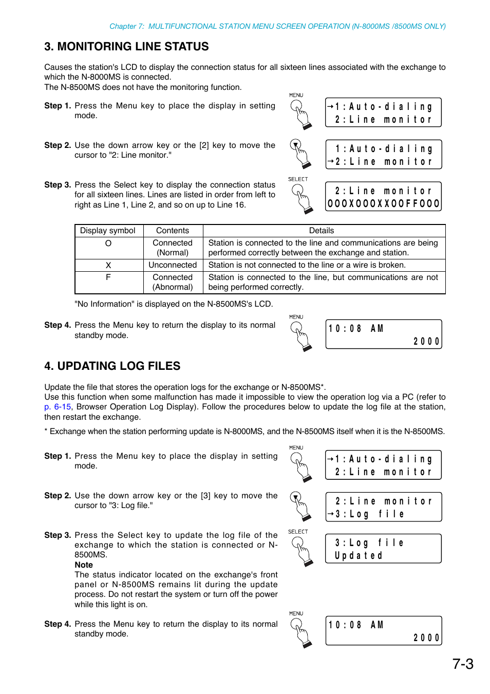 Monitoring line status, Updating log files, P. 7-3 | Toa N-8000 Series Ver.1.41 User Manual | Page 242 / 269