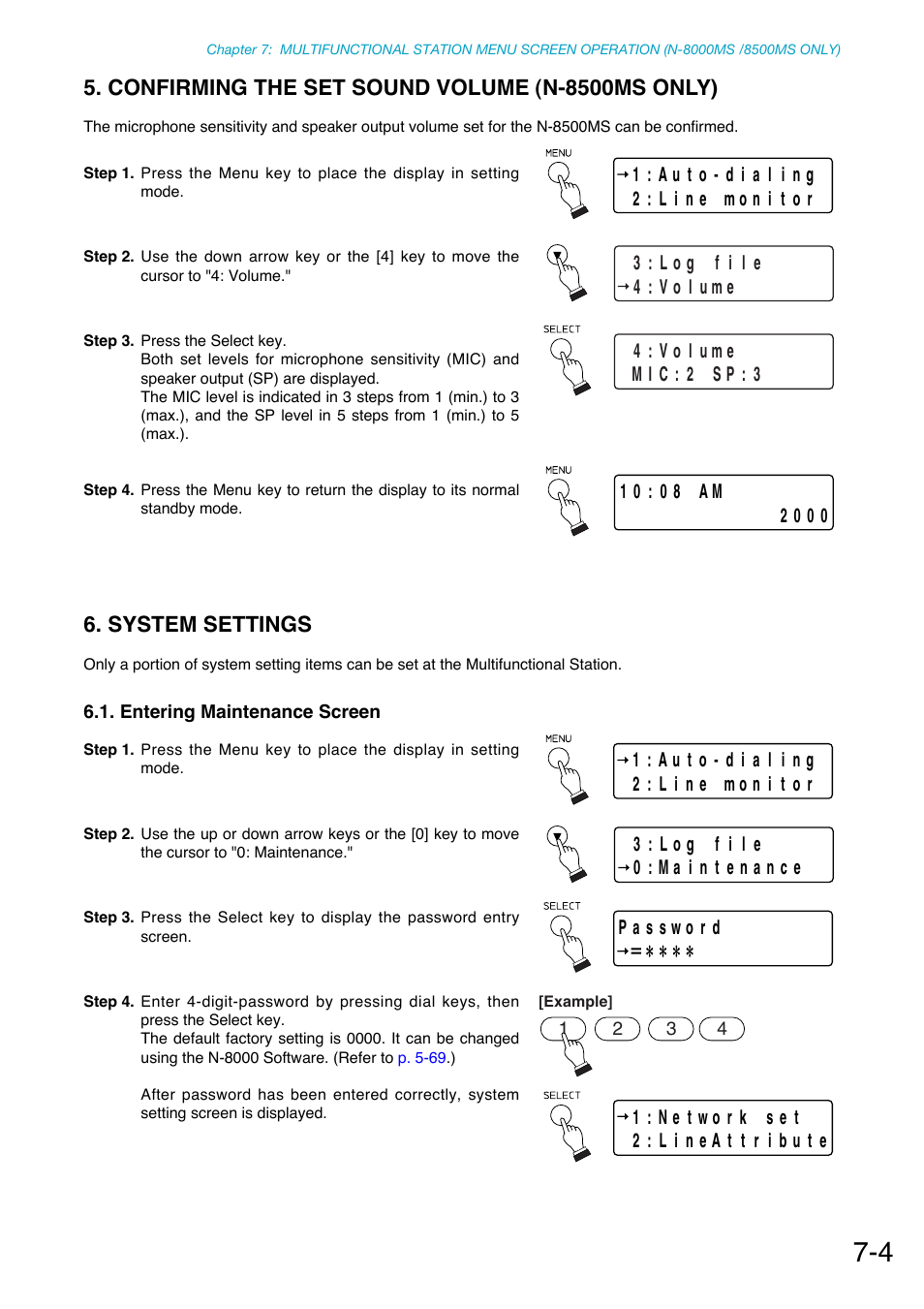 Confirming the set sound volume (n-8500ms only), System settings, Entering maintenance screen | P. 7-4 | Toa N-8000 Series Ver.1.41 User Manual | Page 243 / 269