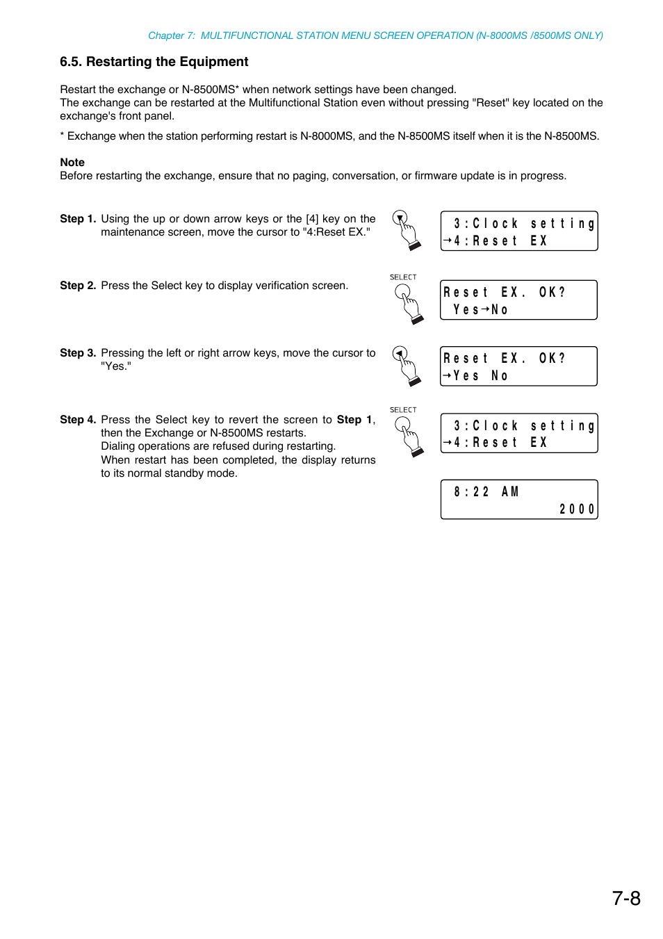 Restarting the equipment, Restarting the exchange, P.7-8 | Reset screen (refer to, P. 7-8 | Toa N-8000 Series Ver.1.41 User Manual | Page 247 / 269