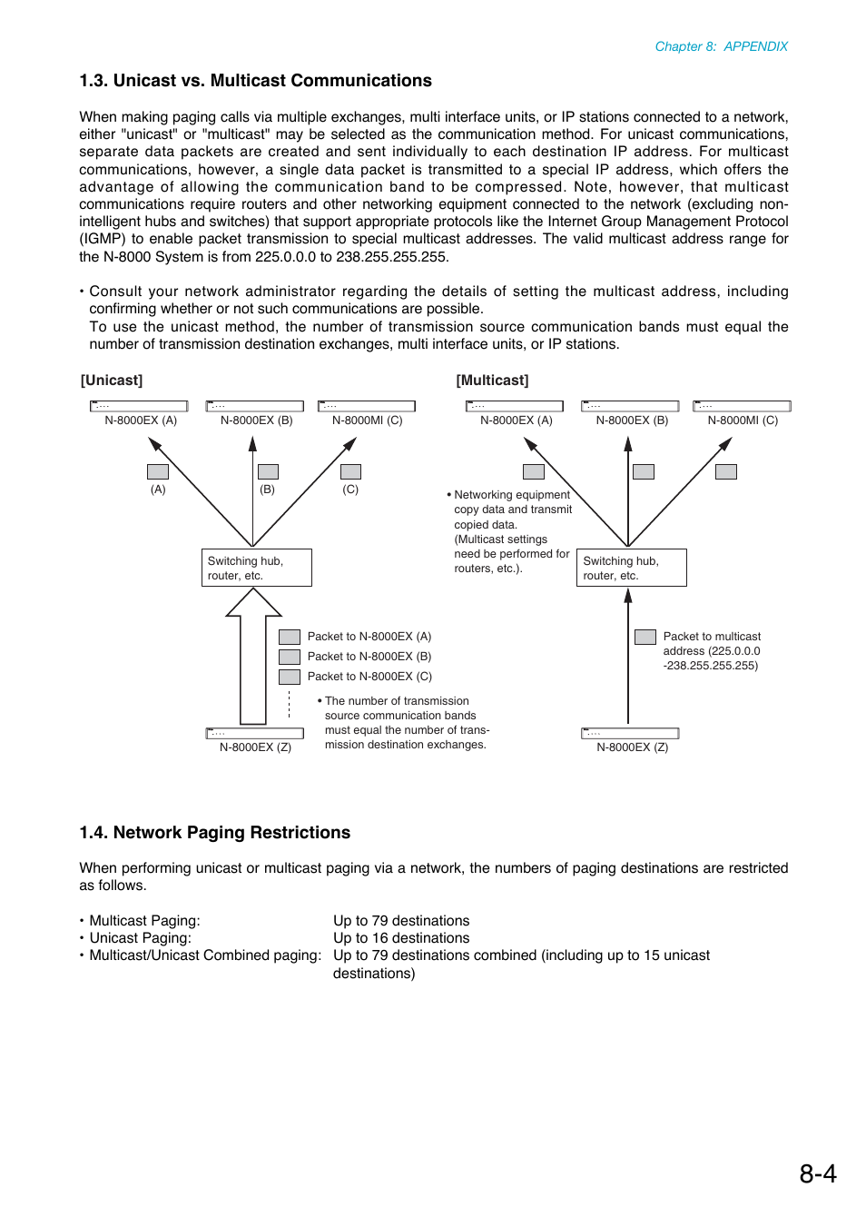 Unicast vs. multicast communications, Network paging restrictions | Toa N-8000 Series Ver.1.41 User Manual | Page 251 / 269