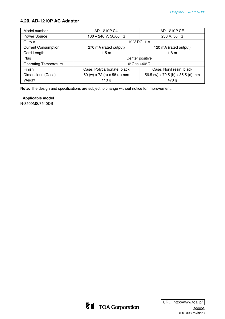 Ad-1210p ac adapter | Toa N-8000 Series Ver.1.41 User Manual | Page 269 / 269