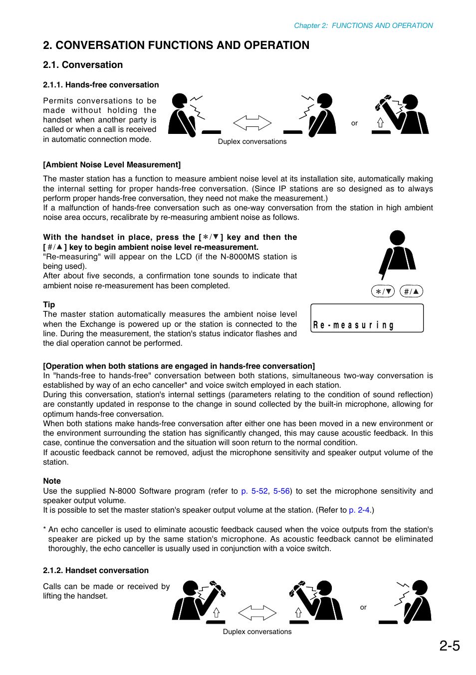 Conversation functions and operation, Conversation, Hands-free conversation | Handset conversation, P. 2-5 | Toa N-8000 Series Ver.1.41 User Manual | Page 57 / 269