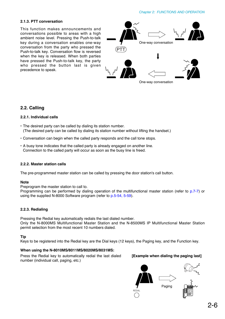 Ptt conversation, Calling, Individual calls | Master station calls, Redialing, Refer to, P. 2-6, Pressed the key. (refer to, P.2-6 | Toa N-8000 Series Ver.1.41 User Manual | Page 58 / 269