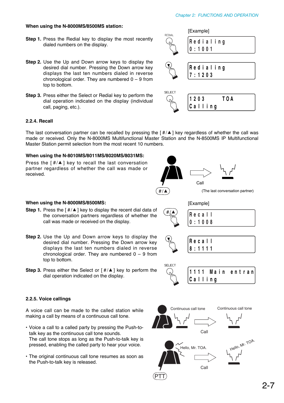 Recall, Voice callings, Be made. (refer to | P. 2-7, Also, pressing this, Made. (refer to, Also, pressing this key | Toa N-8000 Series Ver.1.41 User Manual | Page 59 / 269
