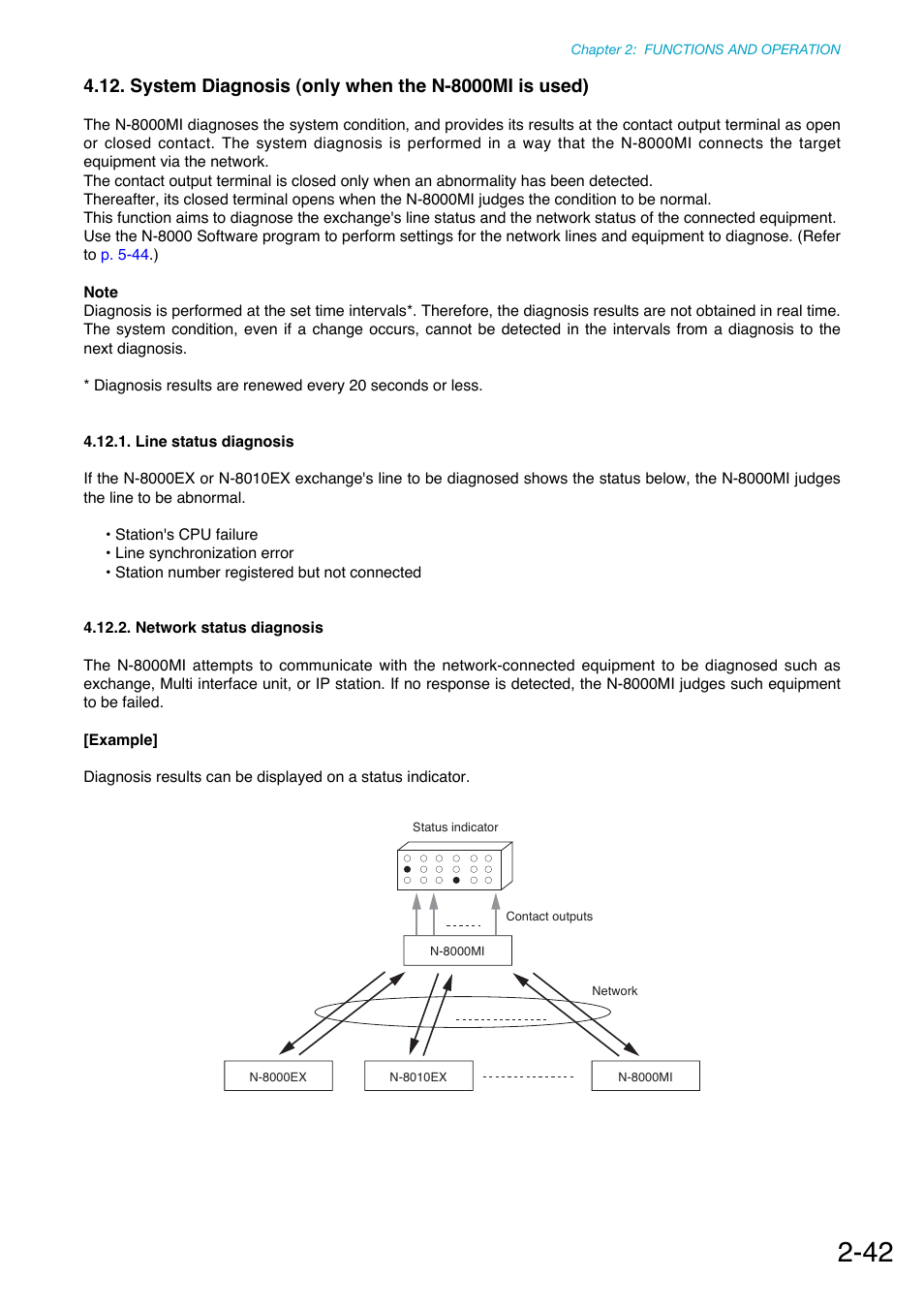 System diagnosis (only when the n-8000mi is used), Line status diagnosis, Network status diagnosis | P. 2-42 | Toa N-8000 Series Ver.1.41 User Manual | Page 94 / 269