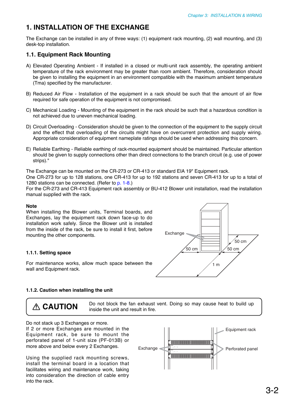 Installation of the exchange, Equipment rack mounting, Setting space | Caution when installing the unit, Caution | Toa N-8000 Series Ver.1.41 User Manual | Page 98 / 269