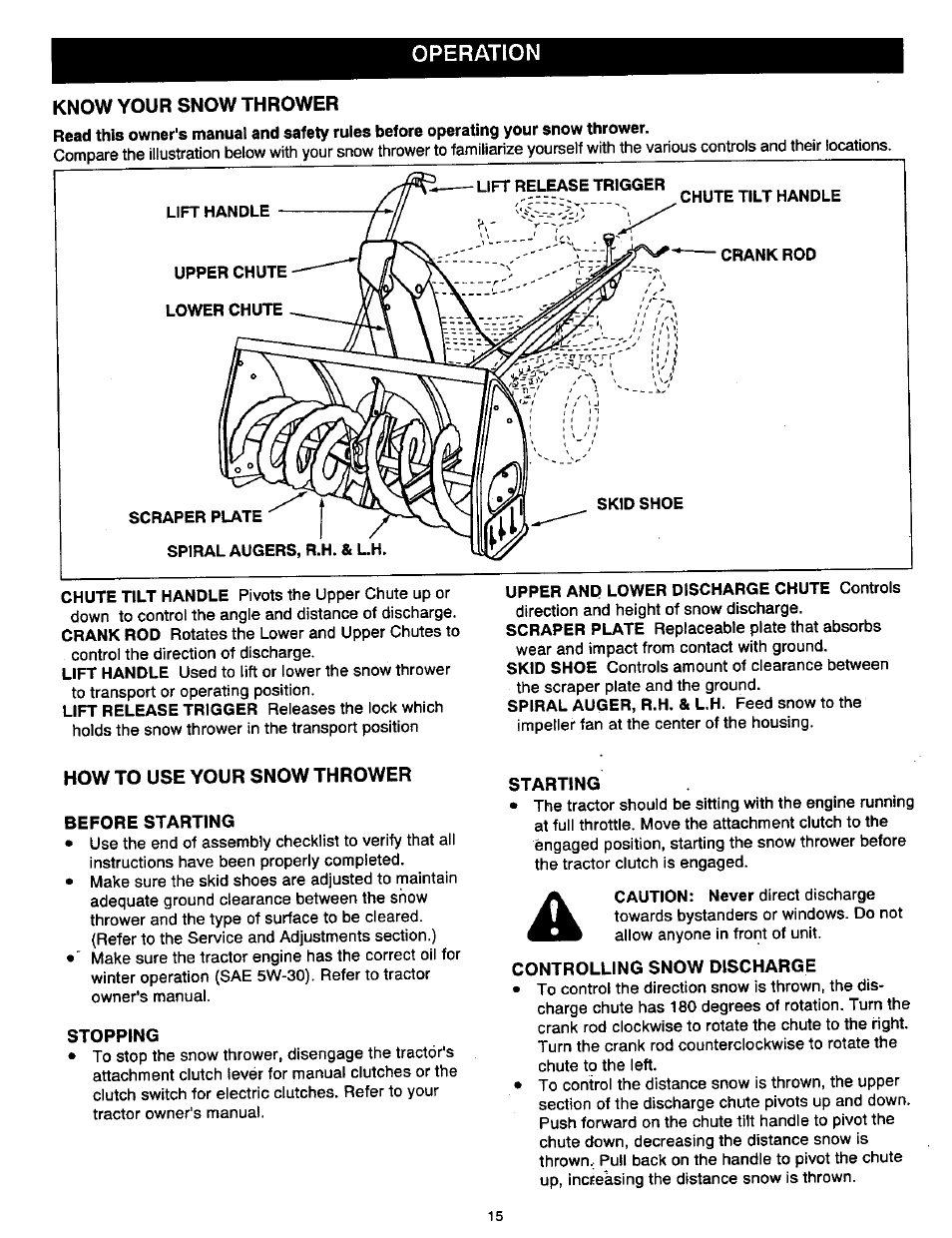 Operation, Know your snow thrower, How to use your snow thrower | Before starting, Stopping, Starting, Controlling snow discharge | Craftsman 486.248400 User Manual | Page 15 / 24