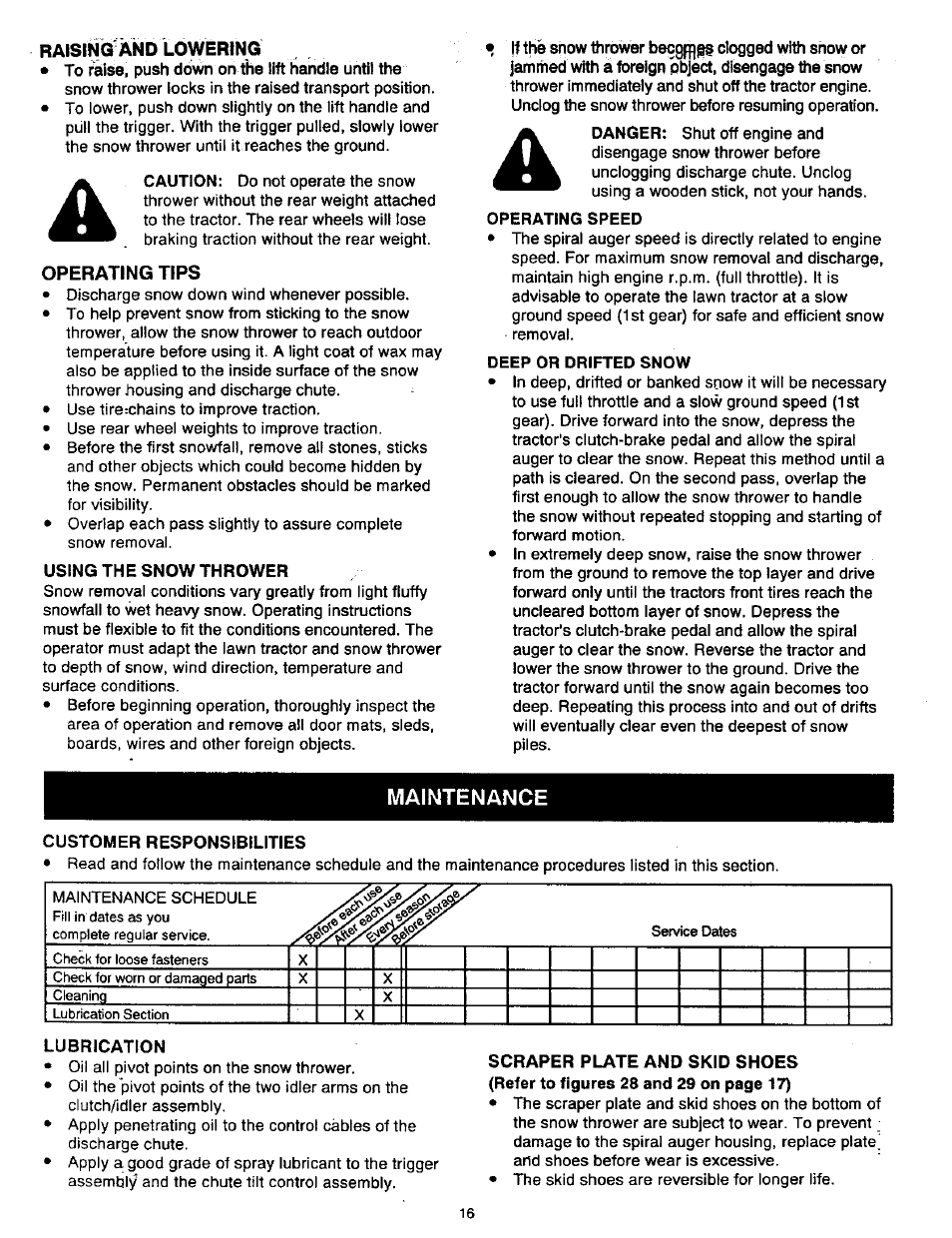 Raisinci and lowering, Operating tips, Using the snow thrower | Maintenance, Lubrication, Scraper plate and skid shoes | Craftsman 486.248400 User Manual | Page 16 / 24