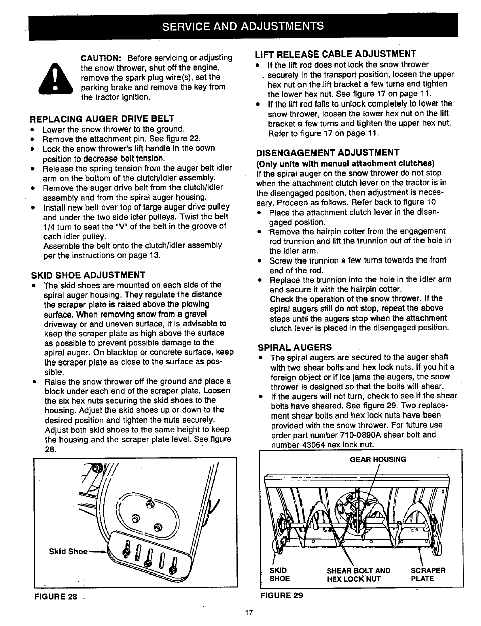 Service and adjustments, Replacing auger drive belt, Skid shoe adjustment | Lift release cable adjustment, Spiral augers | Craftsman 486.248400 User Manual | Page 17 / 24