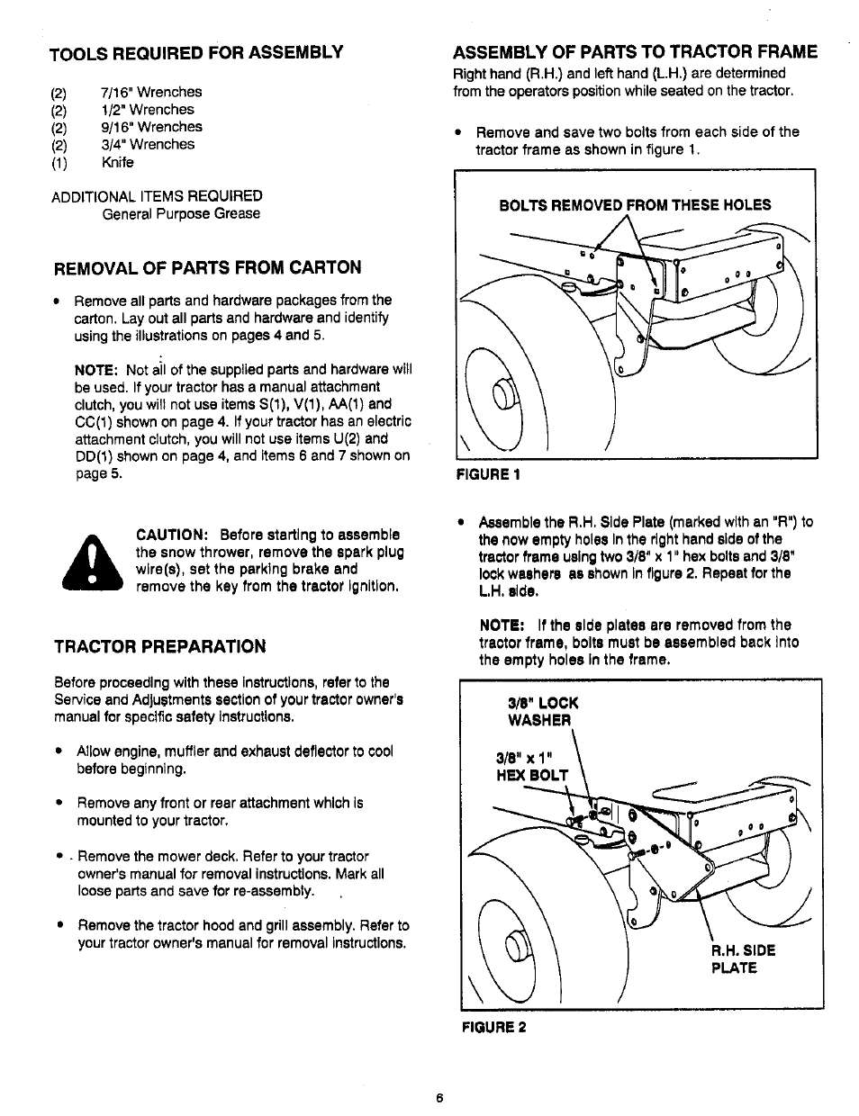 Tools required for assembly, Removal of parts from carton, Assembly of parts to tractor frame | Tractor preparation | Craftsman 486.248400 User Manual | Page 6 / 24