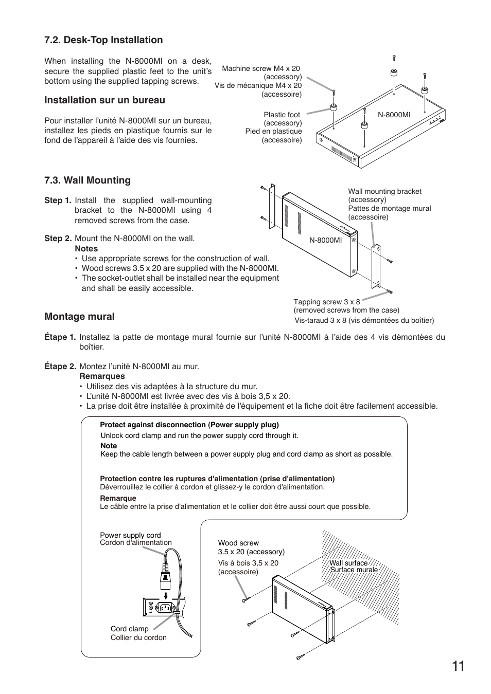 Desk-top installation, Wall mounting, Installation sur un bureau | Montage mural | Toa N-8000MI User Manual | Page 11 / 16