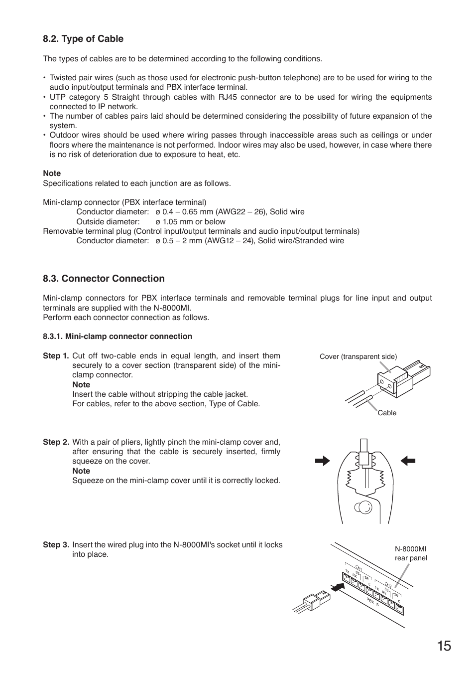 Type of cable, Connector connection | Toa N-8000MI User Manual | Page 15 / 16