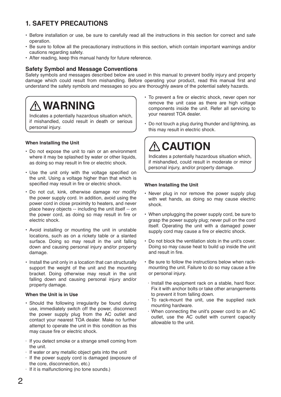 Safety precautions, Warning, Caution | Toa N-8000MI User Manual | Page 2 / 16