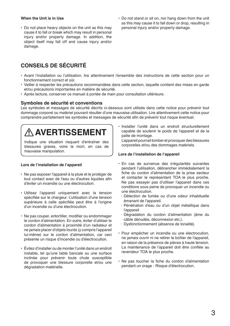 Avertissement, Conseils de sécurité | Toa N-8000MI User Manual | Page 3 / 16