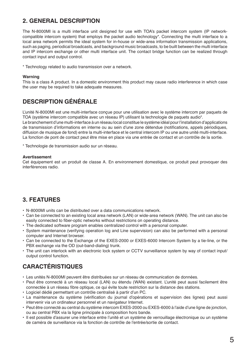 General description, Features, General description 3. features | Description générale, Caractéristiques | Toa N-8000MI User Manual | Page 5 / 16