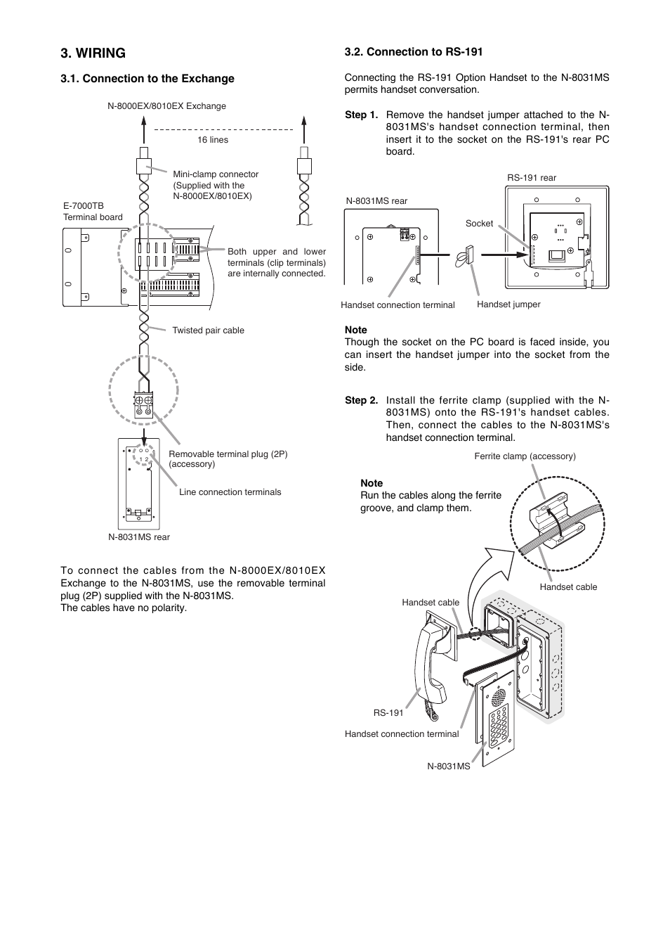 Wiring, Connection to the exchange, Connection to rs-191 | Toa N-8031MS User Manual | Page 2 / 4