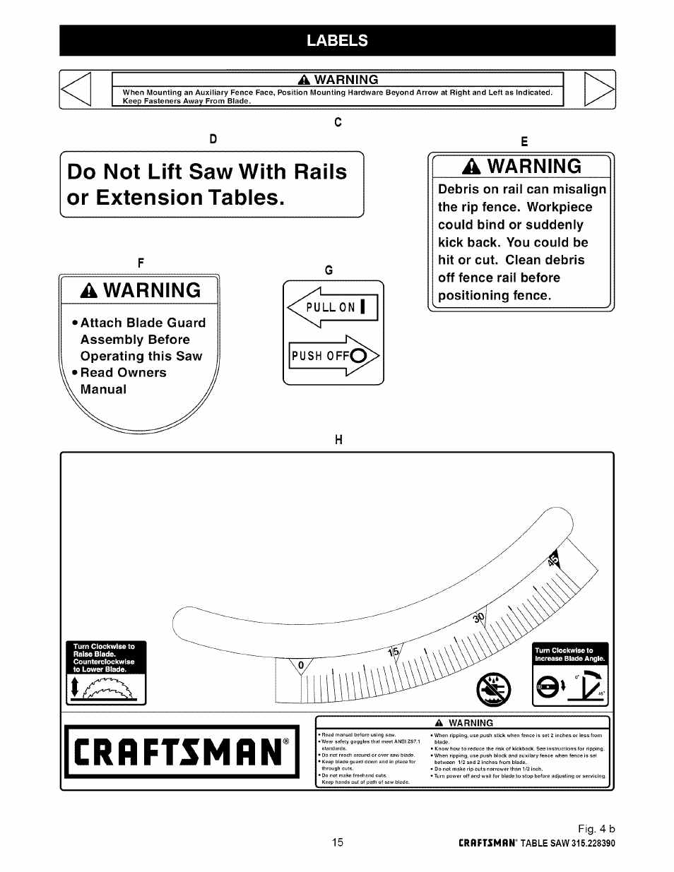 A warning, Do not lift saw with raiis or extension tabies, Warning | Craftsman 315.228390 User Manual | Page 15 / 66