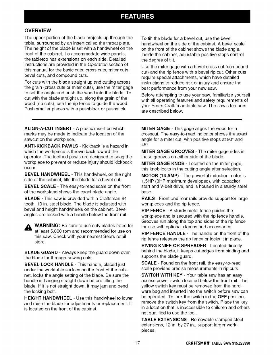 Overview, Features | Craftsman 315.228390 User Manual | Page 17 / 66