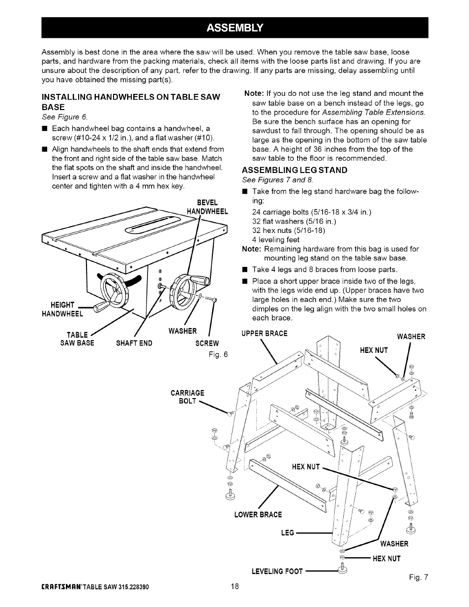 Installing handwheels on table saw base, Assembling leg stand, Assembling leg stand -19 | Assembly | Craftsman 315.228390 User Manual | Page 18 / 66